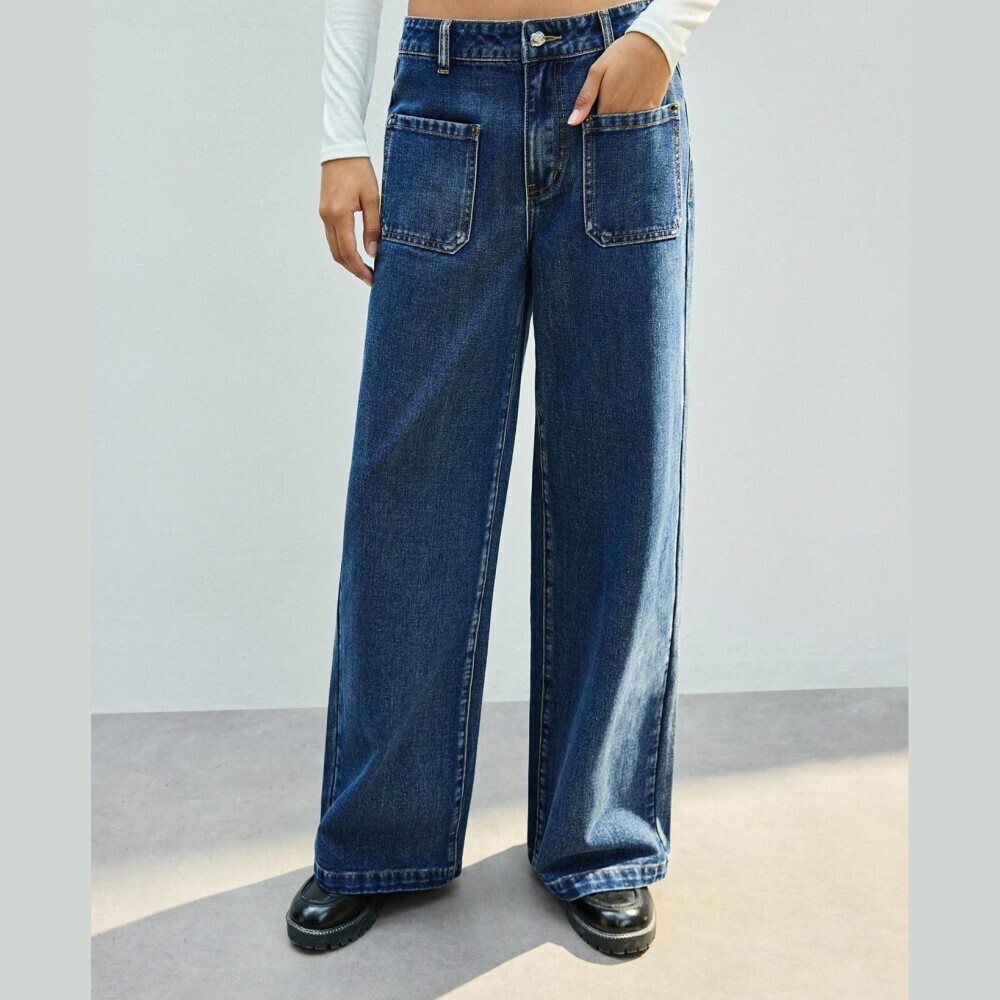Dark Blue Denim Jeans with Patch Pockets